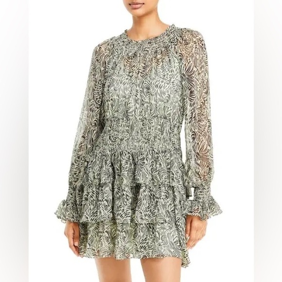 Cinq A Sept Women's Janelle Chiffon Ruffled Meadow And Black Mini Dress Size 6